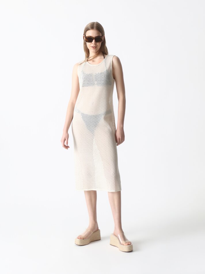 Vestido midi de malha - Branco-creme