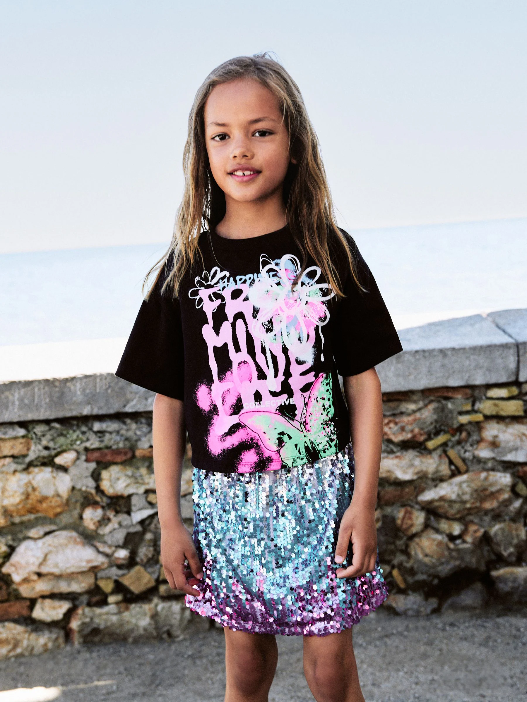Zwart/roze - Sequin Skirt and T-Shirt Set (3-16yrs)