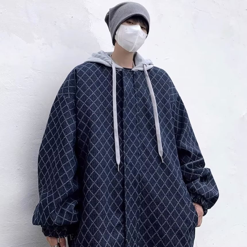 Zoslane - Tweedelig denim jack met capuchon en rits en ruitmotief