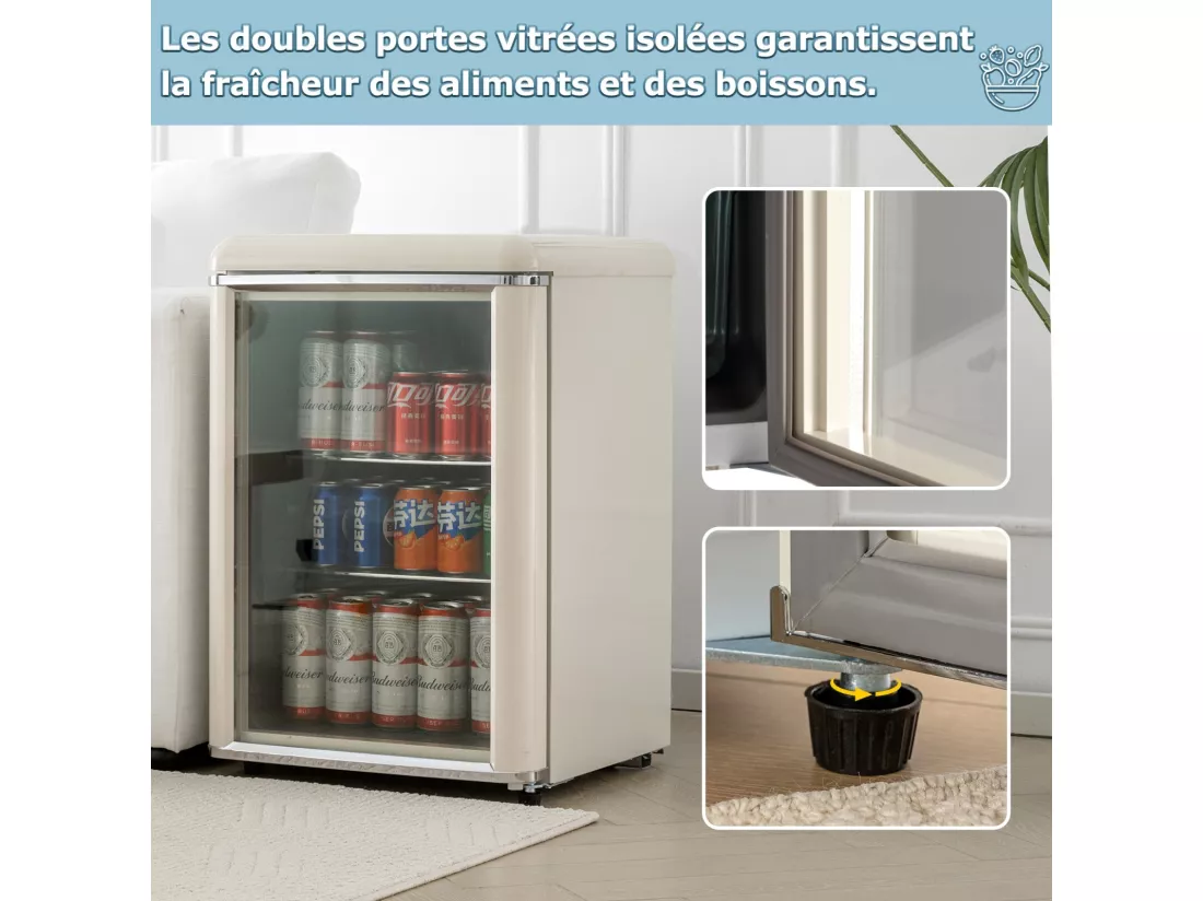 Mini Réfrigérateur 78L, avec porte en verre et LED, étagères réglables, 7 Niveau température 2-12℃, 82kWh/an, 47x47x70cm
