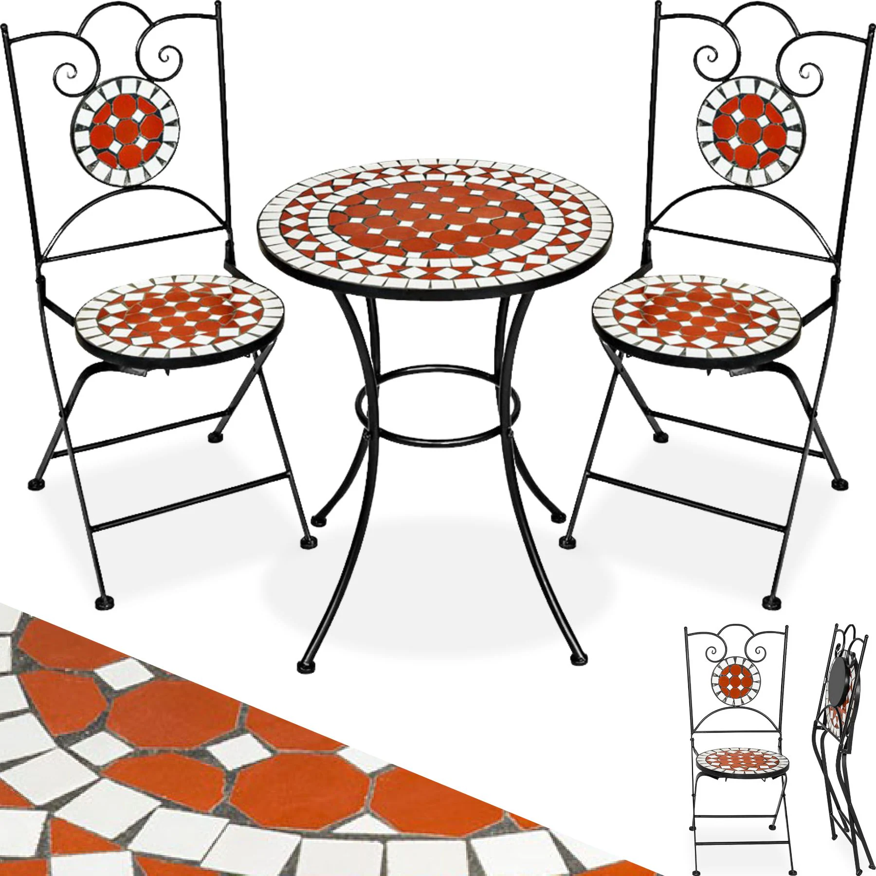 tectake® Mosaik-Gartengarnitur, für 2 Personen, hohe Belastbarkeit, filigranes Design