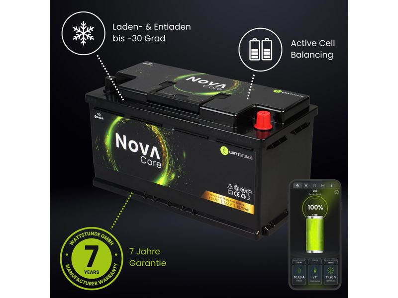 WATTSTUNDE Batterie NOVA Core 150 Ah LiFePO4 Batterie mit langer Lebensdauer