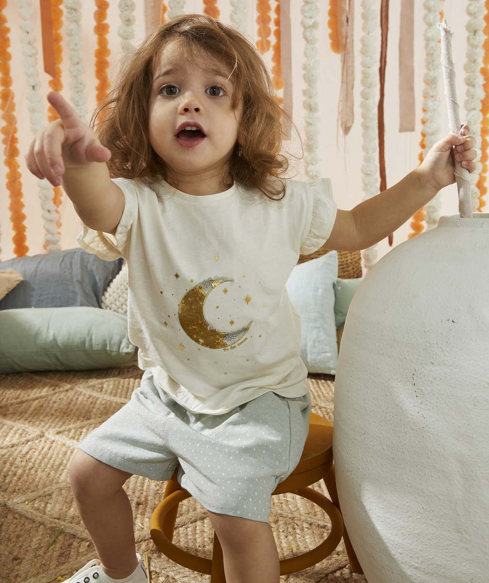 T-SHIRT ÉCRU BÉBÉ FILLE EN COTON BIOLOGIQUE AVEC LUNE À SEQUINS