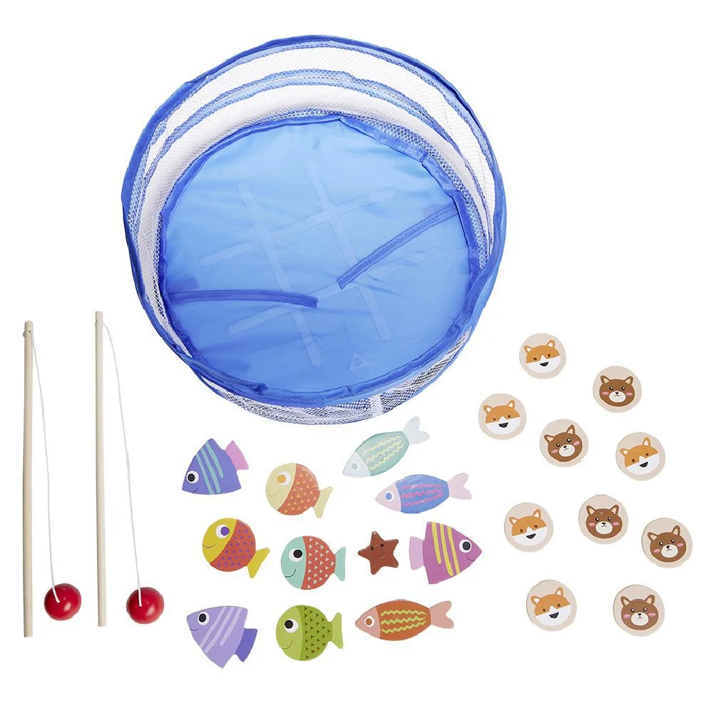 Jeu 3-en-1 lancer morpion pêche en bois