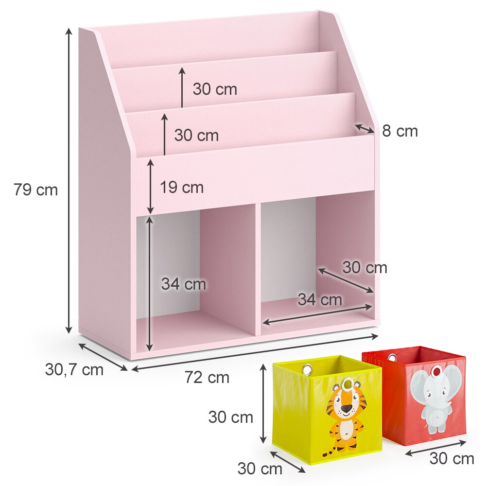 Vicco Kinderbücherregal Luigi 72 x 79 cm, Rosa, Kinderzimmerregal, mit Faltboxen