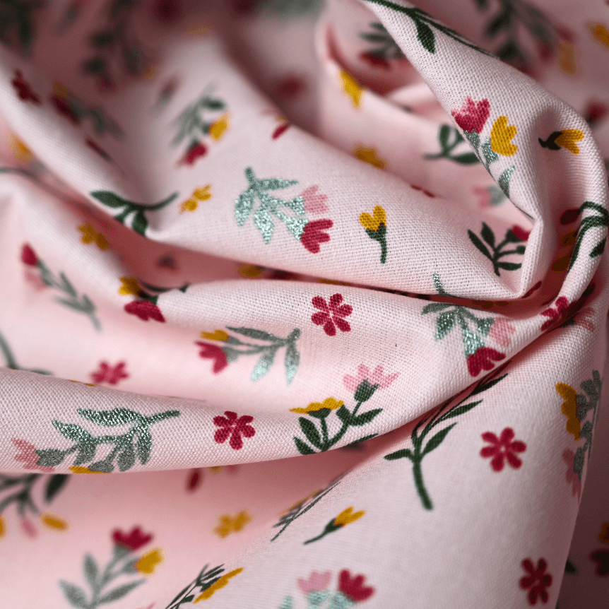 Tissu Coton Au Mètre Ex2418 Branches Pailletées Vert Rose