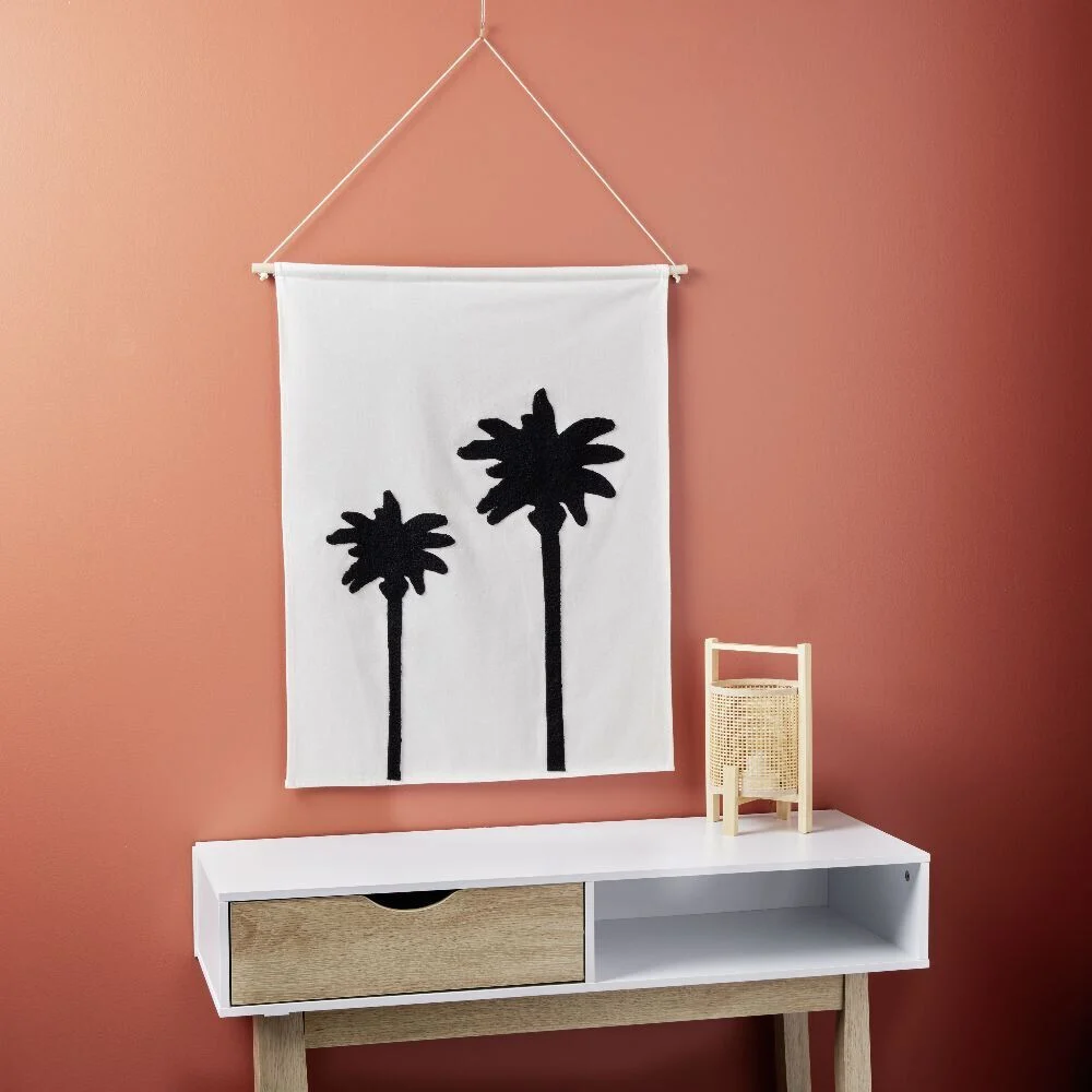 Décoration murale toile motif palmier coton beige et noir