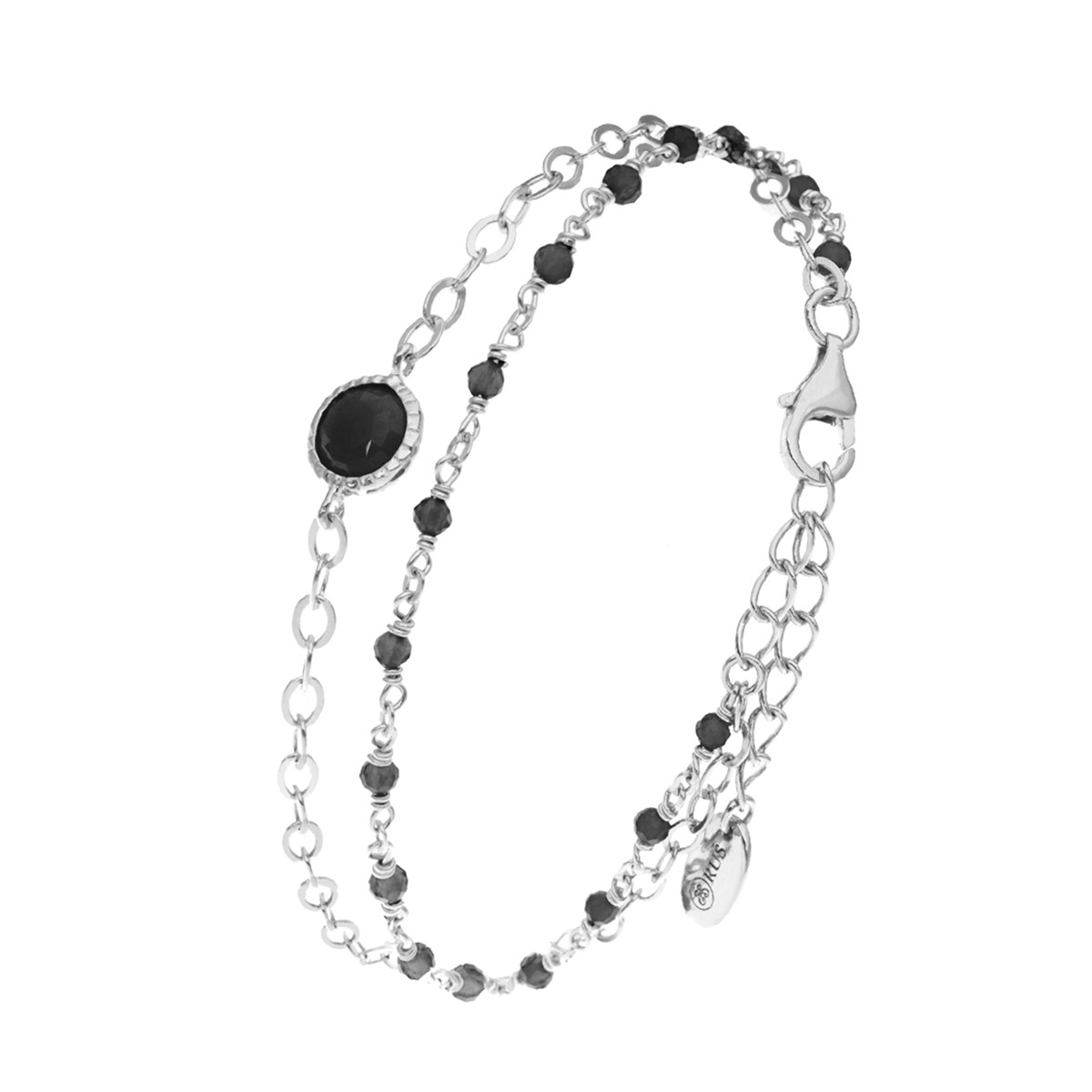 Bracelet En Argent Rhodié Double Chaine Pierres Naturelles Noires