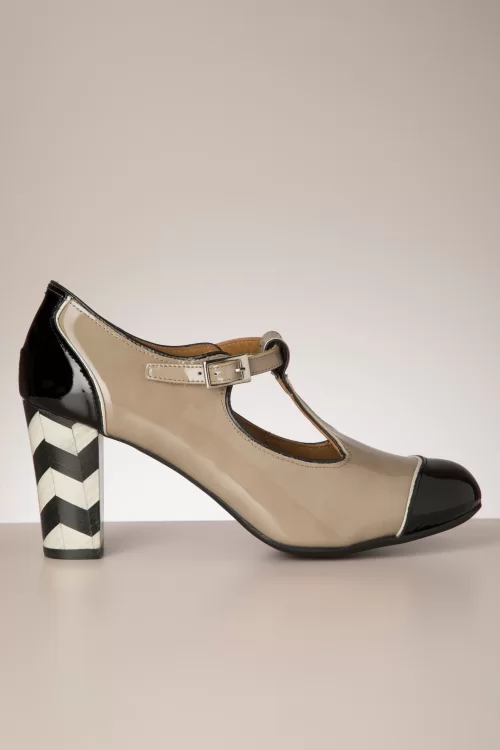 Nemonic Nice laklederen t-strap pumps in taupe