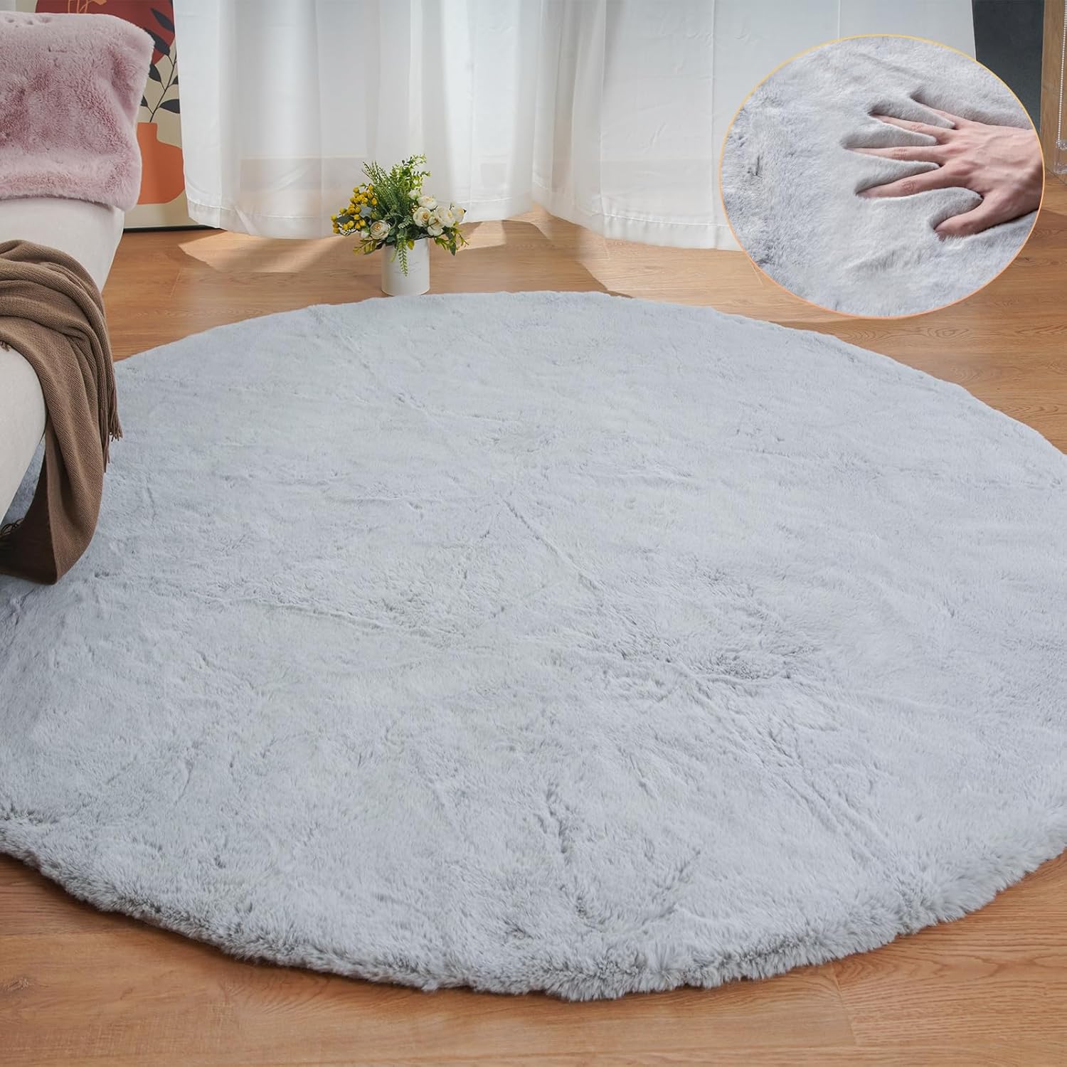 Teppich Wohnzimmer Rund Grau Waschbar 180 cm Flauschig Kunstfell Teppich Schlafzimmer Kinderzimmer Gegend Groß Weich