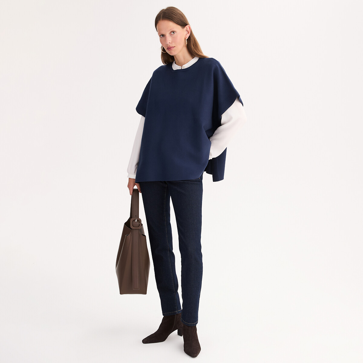 ANNE WEYBURN<br>Poncho de gola redonda em malha Milano