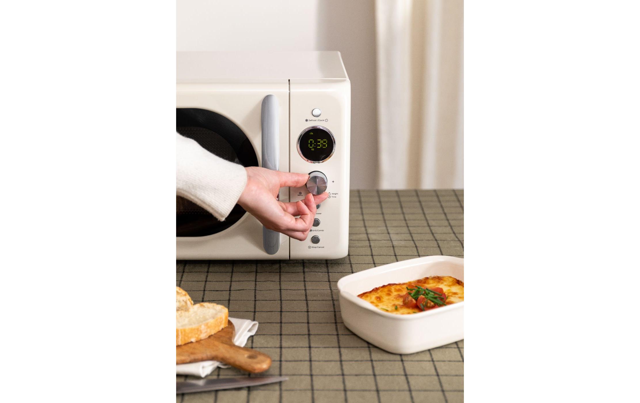 Mikrowelle Retro Wollweiss<br>Retro-Mikrowelle mit Grill, Defrost und Autocook-Funktionen