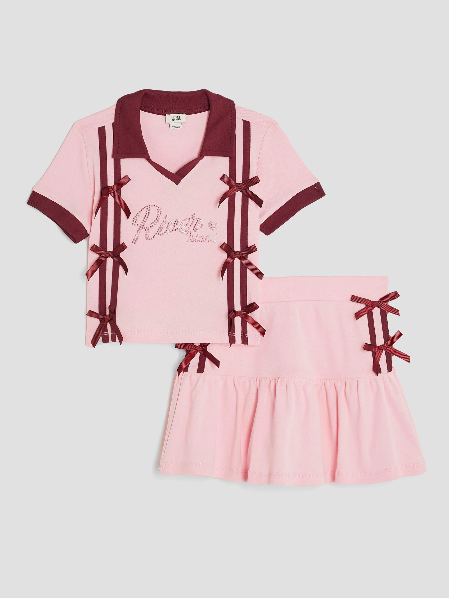 Roze - River Island Girls Bow Polo Shirt and Skirt Set
