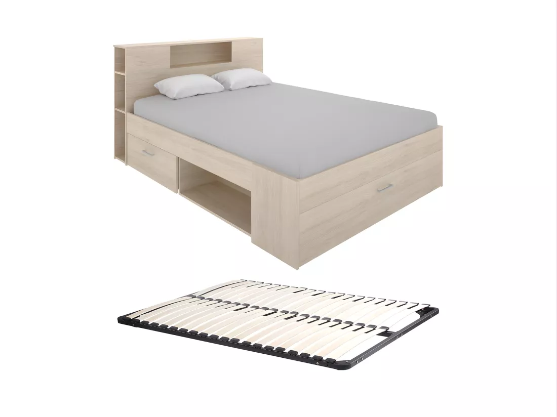 Lit avec tête de lit rangements et tiroirs - 140 x 190 cm - Coloris : Naturel + Sommier - LEANDRE