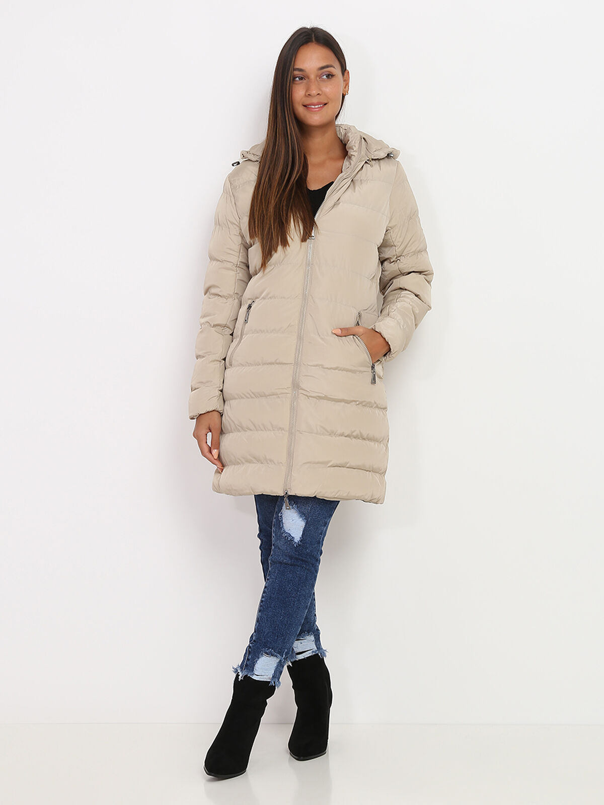 Manteau mi-long matelassé à capuche- Beige