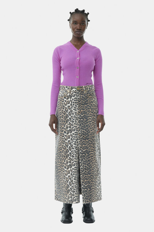 Ganni Print Denim Maxi Slit Skirt Leopard
