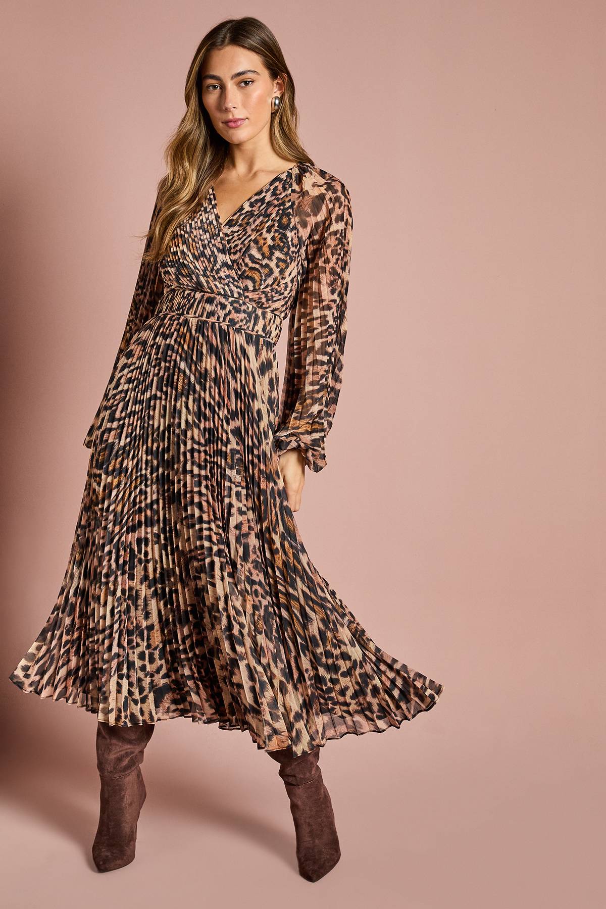 Coast Robe Mi-Longue Portefeuille en Mousseline Plissée à Manches Longues