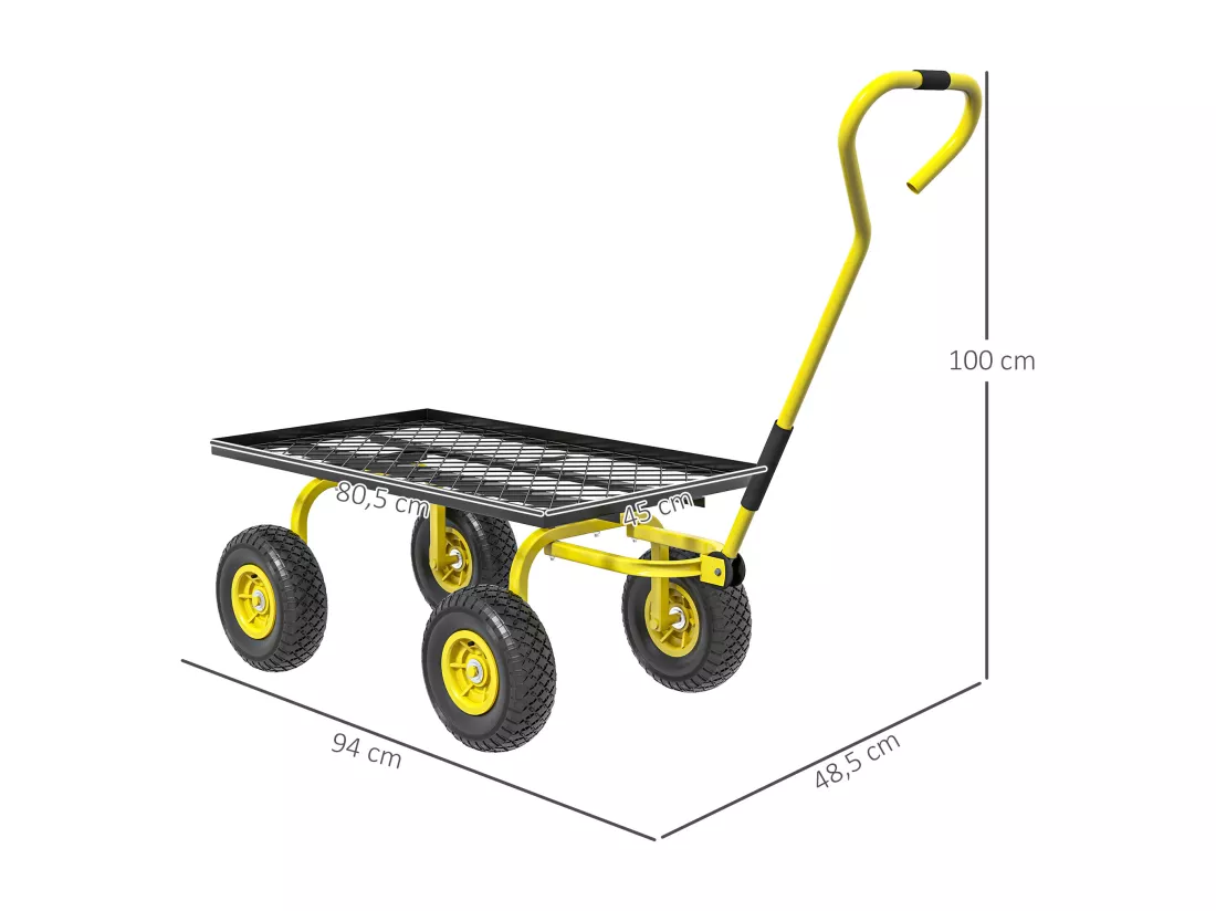 Chariot de transport jardin remorque à main charrette à bras 4 roues charge max. 150 Kg acier noir jaune
