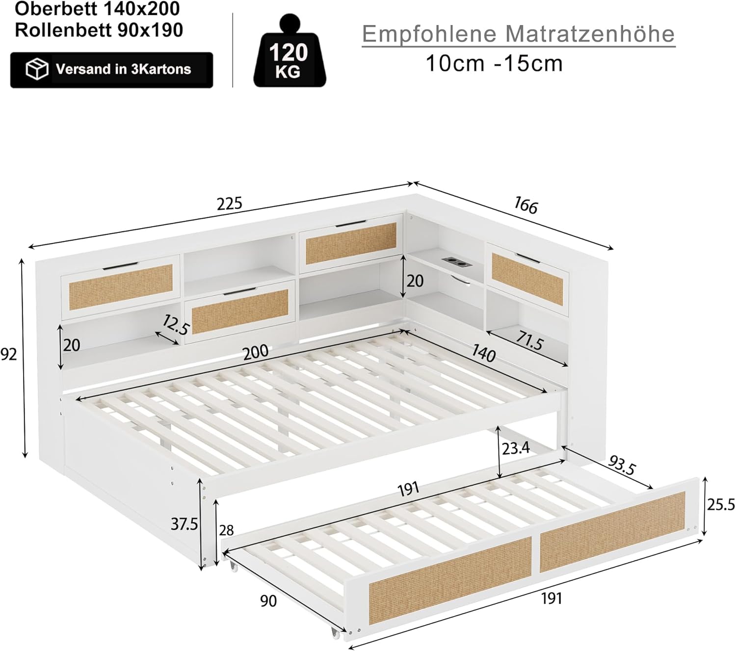 Tagesbett Schlafsofa 140x200, Holz Multifunktionsbett mit Ausziehbett 90x190 cm, USB-Steckdose und vielen Staufächern, Doppelbett Massivholzbett Kinderbett Daybett mit Lattenrost, Ohne Matratze, Weiß