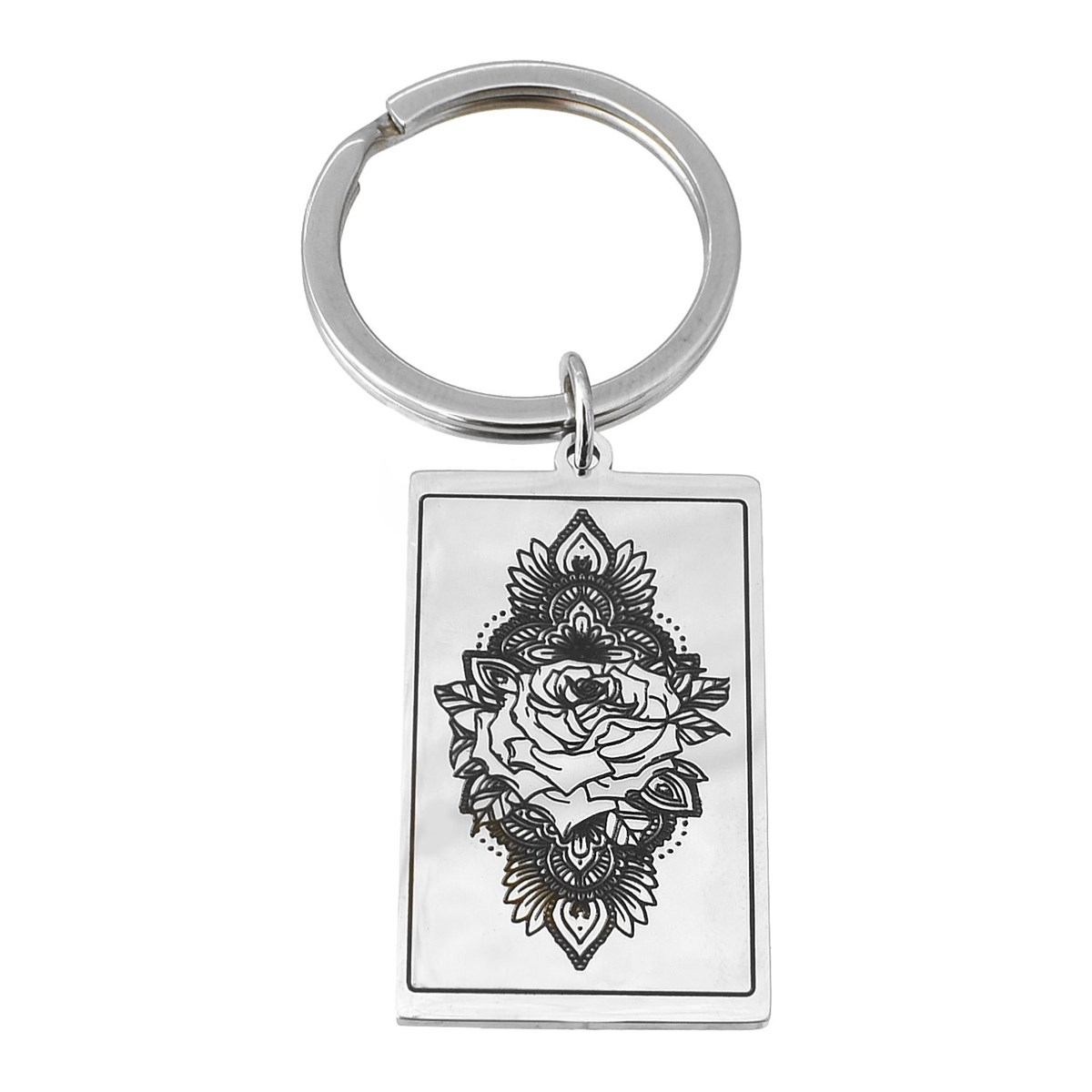 Porte-clés fleur de lotus dans un rectangle acier inoxydable