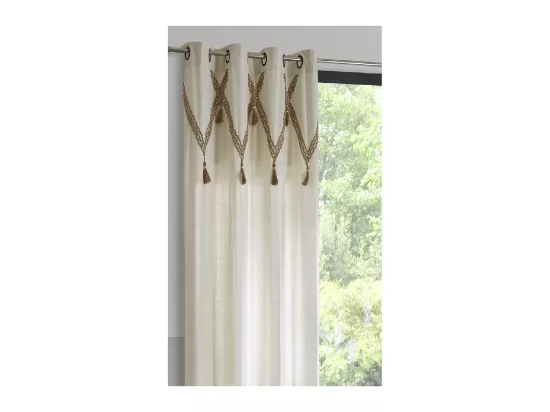 Rideau à œillets en Coton Beige lin avec 7 Pompons Jute 140 x 260 cm