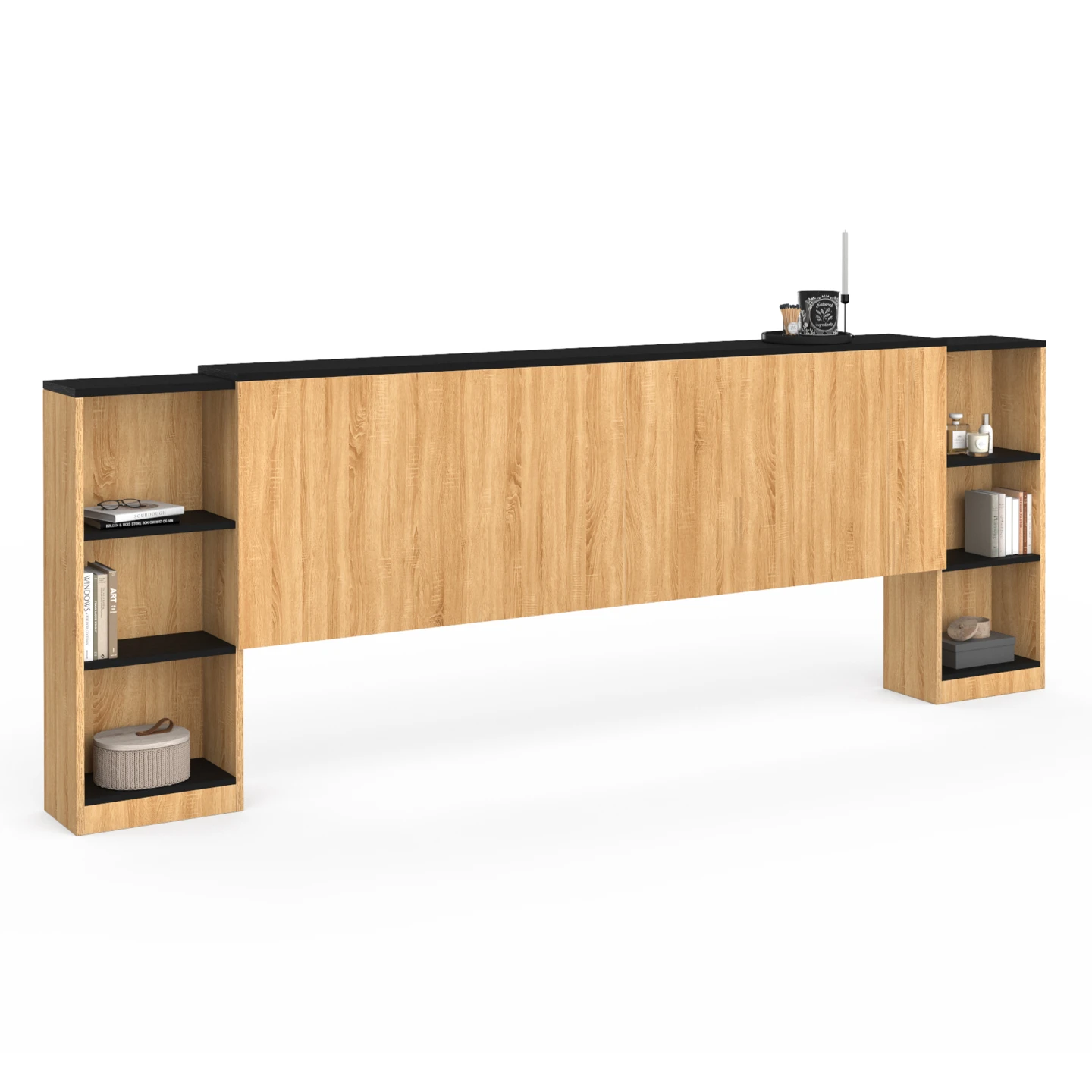 Tête de lit sur pied extensible avec chevets coulissants CATBA pour lit 140 et 160 cm façon bois et noir