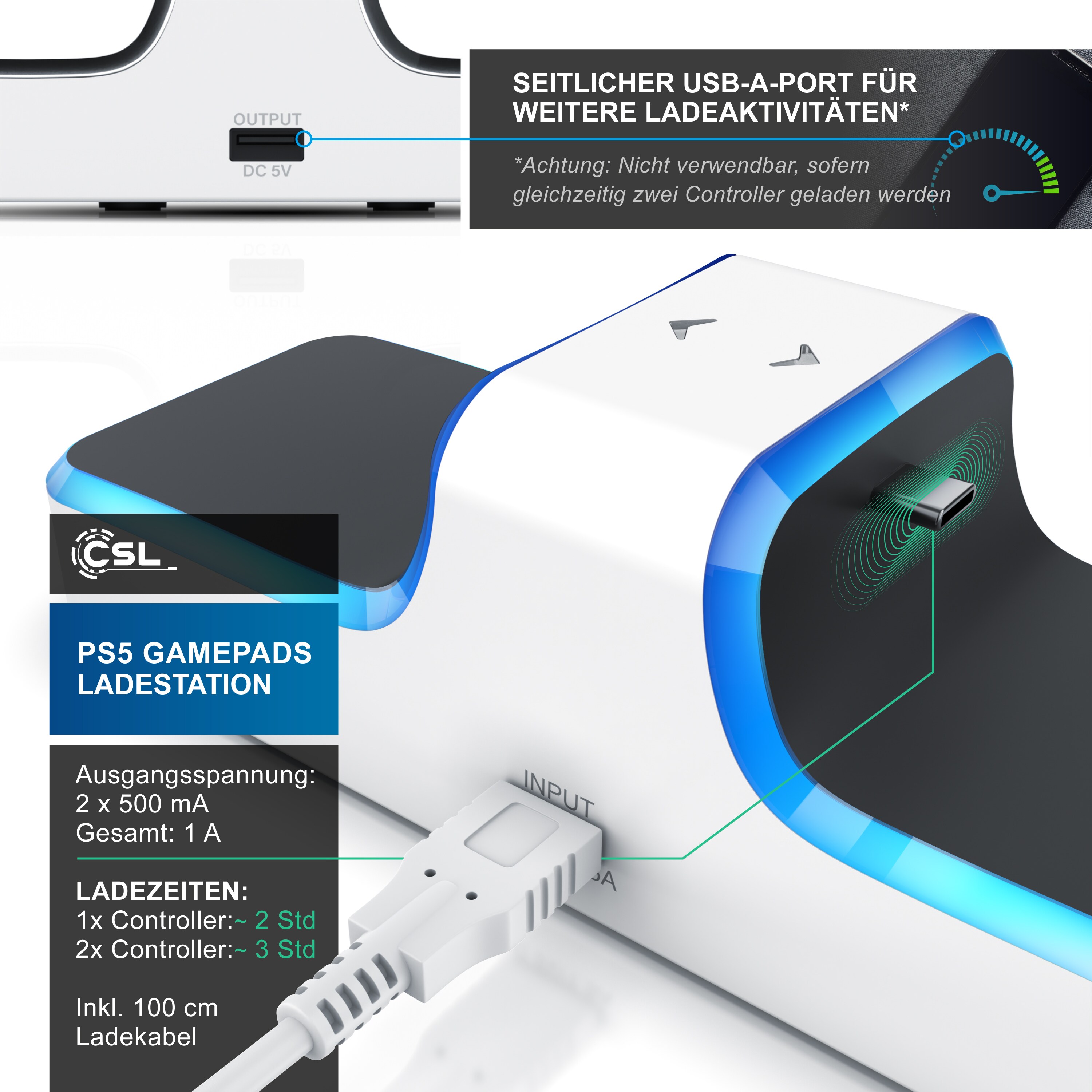 CSL Ladestation für PS5 Controller - Schnell Ladestation - Twin Charge - Ladegerät - Zubehör für Sony Playstation 5 Controller