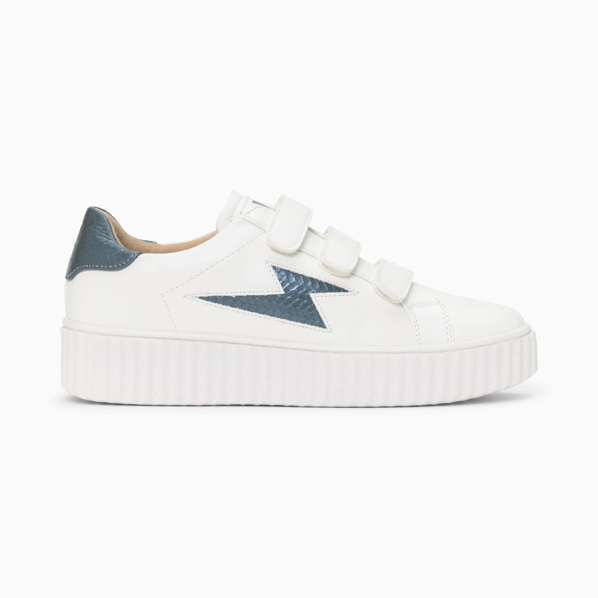 Sneakers-Baskets éclair Eva blanc et bleu pétrole serpent à scratchs