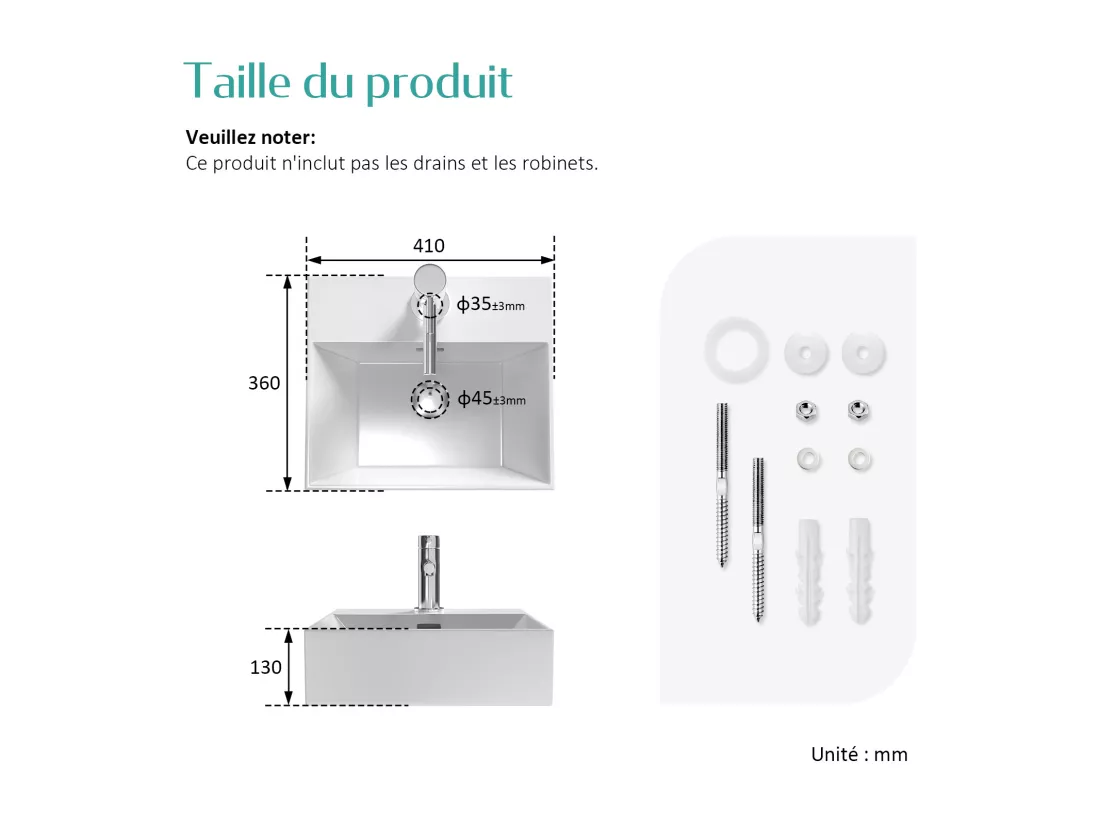 EMKE Vasque à Poser en céramique 41,5×36×13cm, Lavabo rectangulaire avec robinet trou prépercé, Lavabo à poser blanc brillant