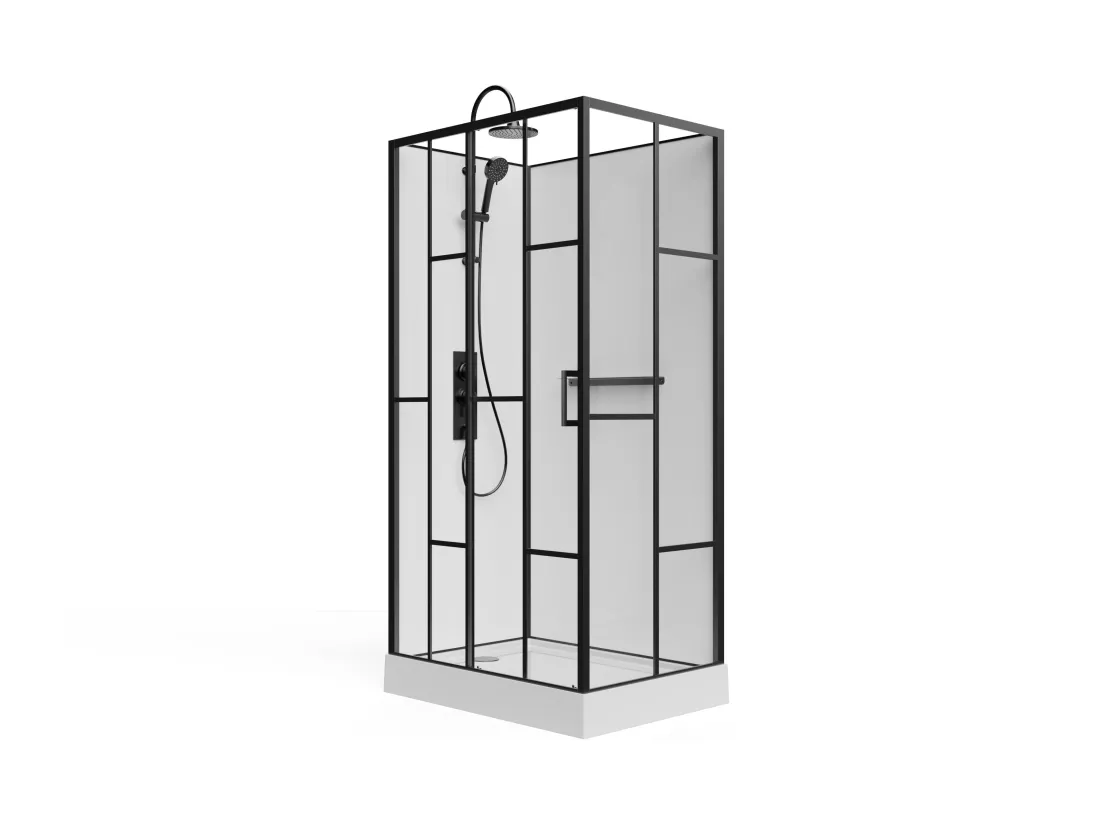 Cabine de douche rectangulaire sérigraphiée - Installation réversible - Blanc et Noir mat - L110 x l80 x H225 cm - GAVILA