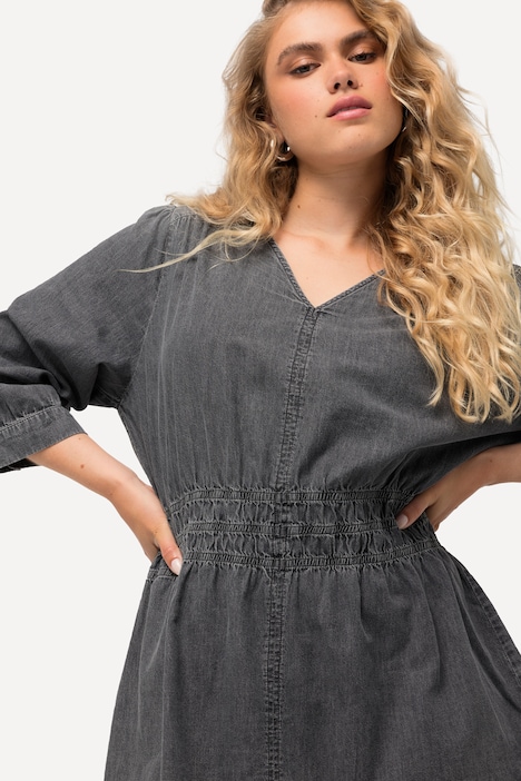 Jeansbluse, Quernaht, A-Linie, V-Ausschnitt, 3/4-Arm