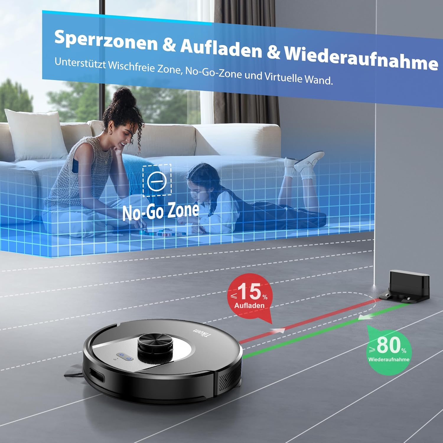 Tikom Saugroboter mit Wischfunktion, 6000Pa Staubsauger Roboter mit LiDAR Navigation, 150Min Max, APP Steuerung, 14 No-Go-Zonen, Saug und Wischroboter für Tierhaare, Teppiche und Hartboden(L8000 Pro)