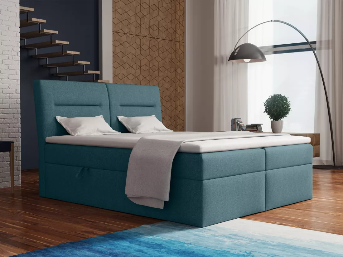 LE LIT BOXSPRING Moderno avec coffres de lit et surmatelas, en tissu Soro 86 (bleu-vert), 160x200 cm.