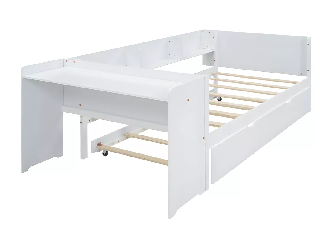 Lit simple 90x200 cm avec un lit gigogne - avec bureau à côté - Blanc
