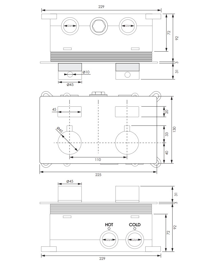 Brauer Brushed Edition 2-weg inbouwthermostaat met drukknoppen RVS geborsteld PVD