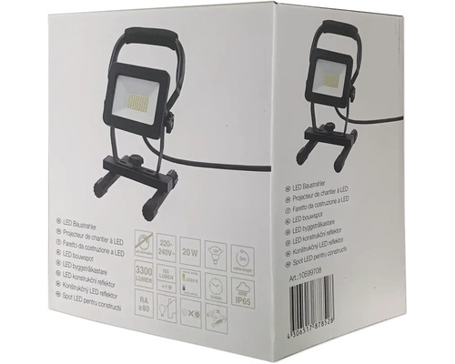 LED-werklamp met frame IP65 20W 3300 lm 5000 K koelwit, stroomkabel 3G1,0 mm² H07RN-F met veiligheidsstekker 3,0 m, afmetingen BxDxH 166x165x242 mm