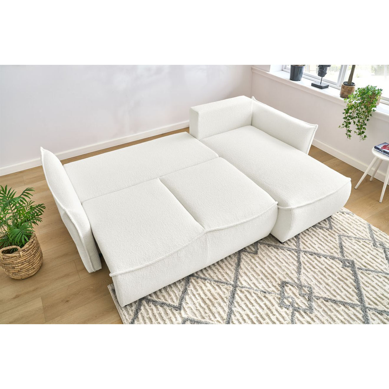 Bobochic Canapé d'angle droit convertible bouclette Léon blanc - 242x158x90 cm