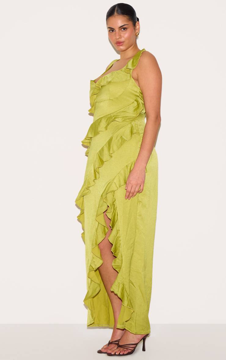 Vert Olive Robe Longue Satinée À Volants Superposés Grande Taille