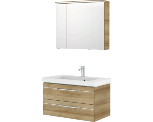 Pelipal Sunline 108 badkamermeubelset, BxHxD 92 x 200 x 50,8 cm, frontkleur: Riviera eiken, 3-delige badkamermeubelset met wastafel en badmeubel van wit mineraalmarmer, spiegelkast met LED-verlichting