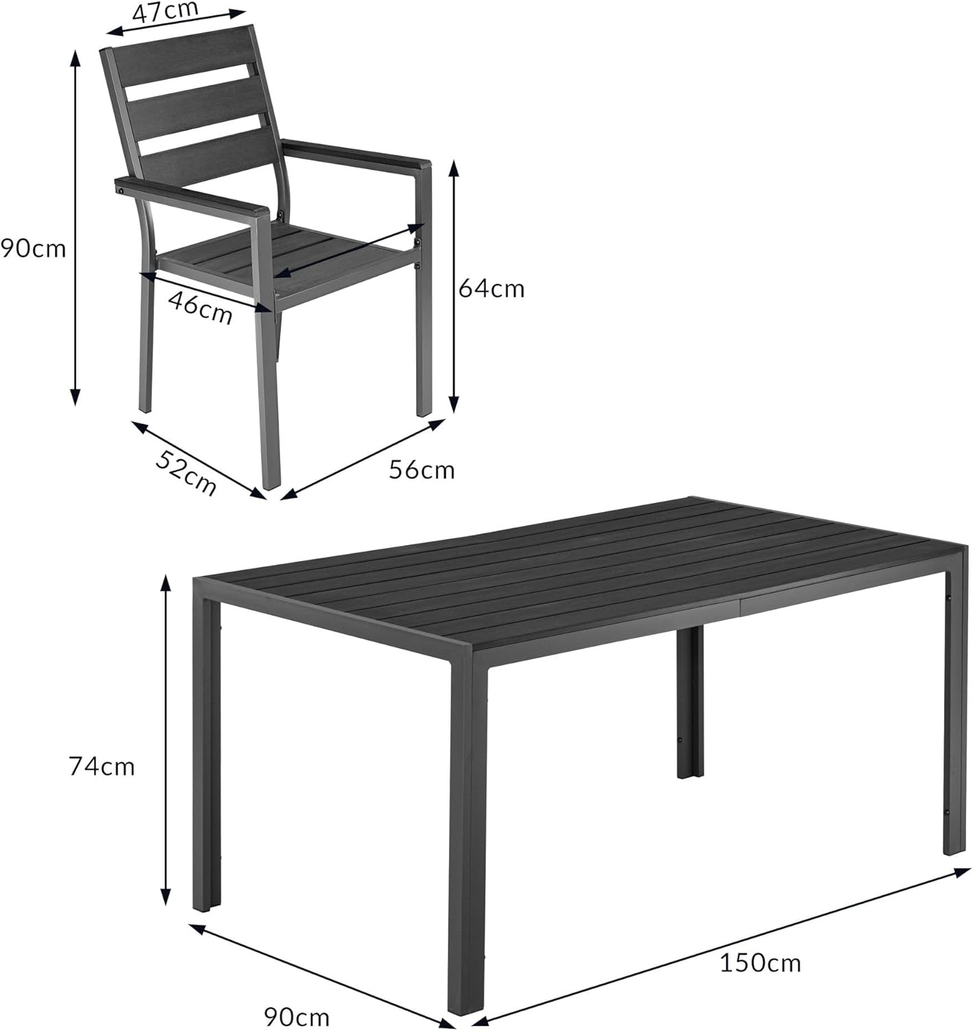 ALEOS. Gartengarnitur Aluminium WPC Set: Tisch 150x90 cm + 6 Gartenstühle mit Armlehne stapelbar, Serie: Milos