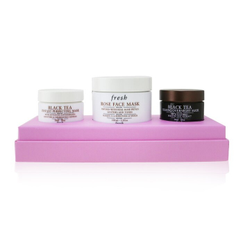 Fresh Conjunto de máscaras faciais: 1 máscara facial rosa - 100ml/3,3oz   1x máscara noturna reafirmante de chá preto - 30ml/1oz   1x máscara de aperfeiçoamento instantâneo de chá preto - 30ml/1oz 3pcs