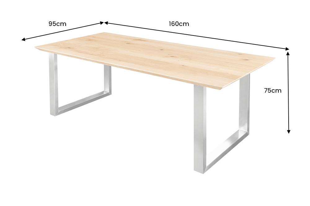 Massivholz Esstisch WILD OAK 160cm natur Wildeiche Schweizer Kante Edelstahl U-Gestell