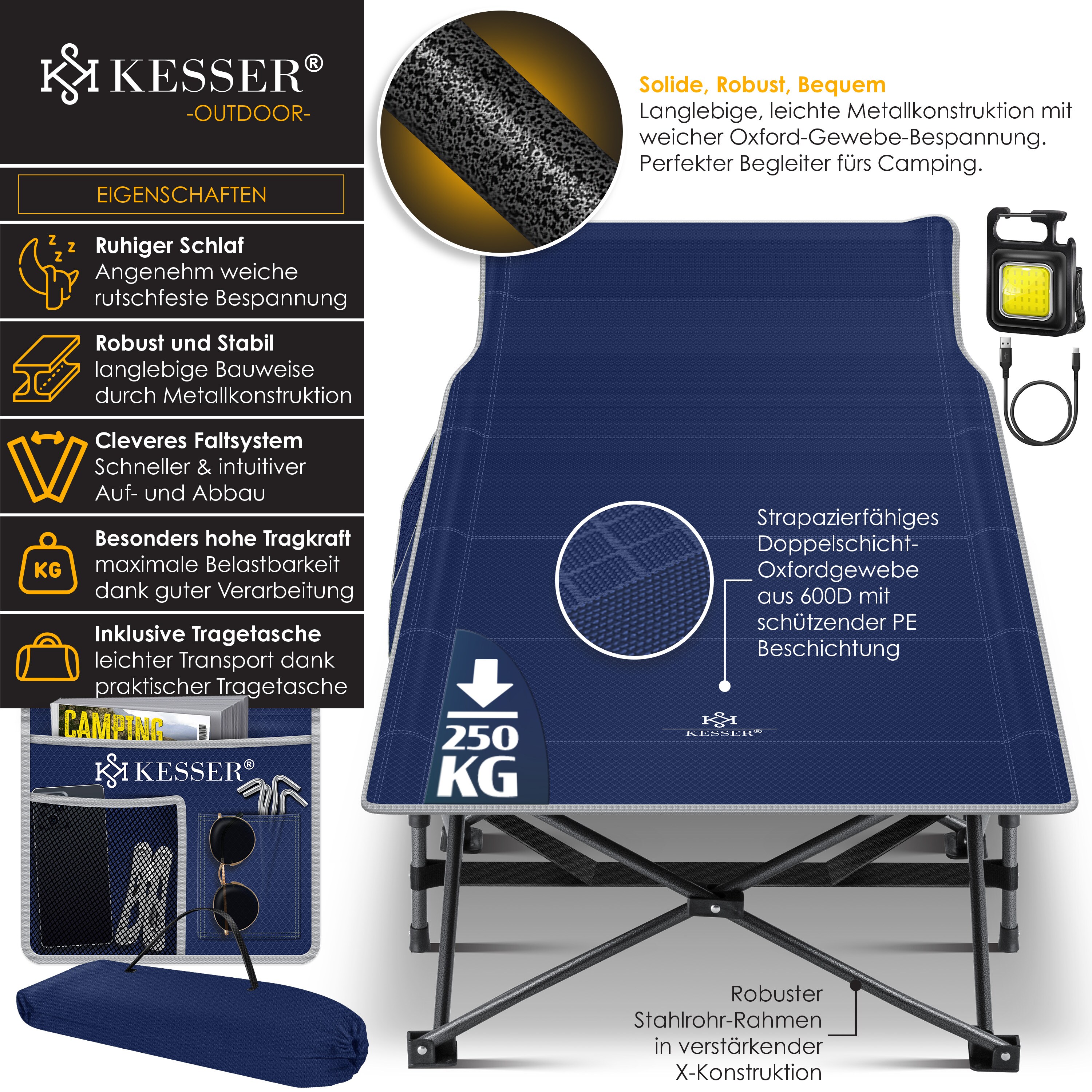 KESSER® Campingbett Feldbett Klappbar Klappbett Campingliege inkl. Tragetasche + Seitentasche Stabiles Feldbett 250kg Belastbar Metallrohr 600D Oxfordgewebe Tragbar Liege Reise Bequem