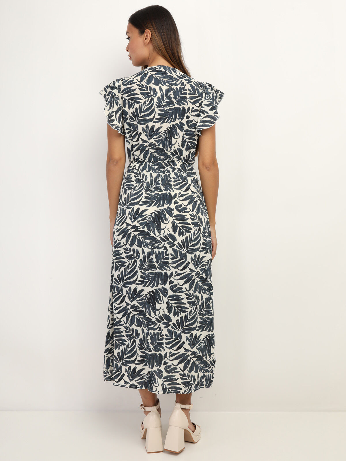 Robe longue cache cœur à imprimé feuilles- Bleu
