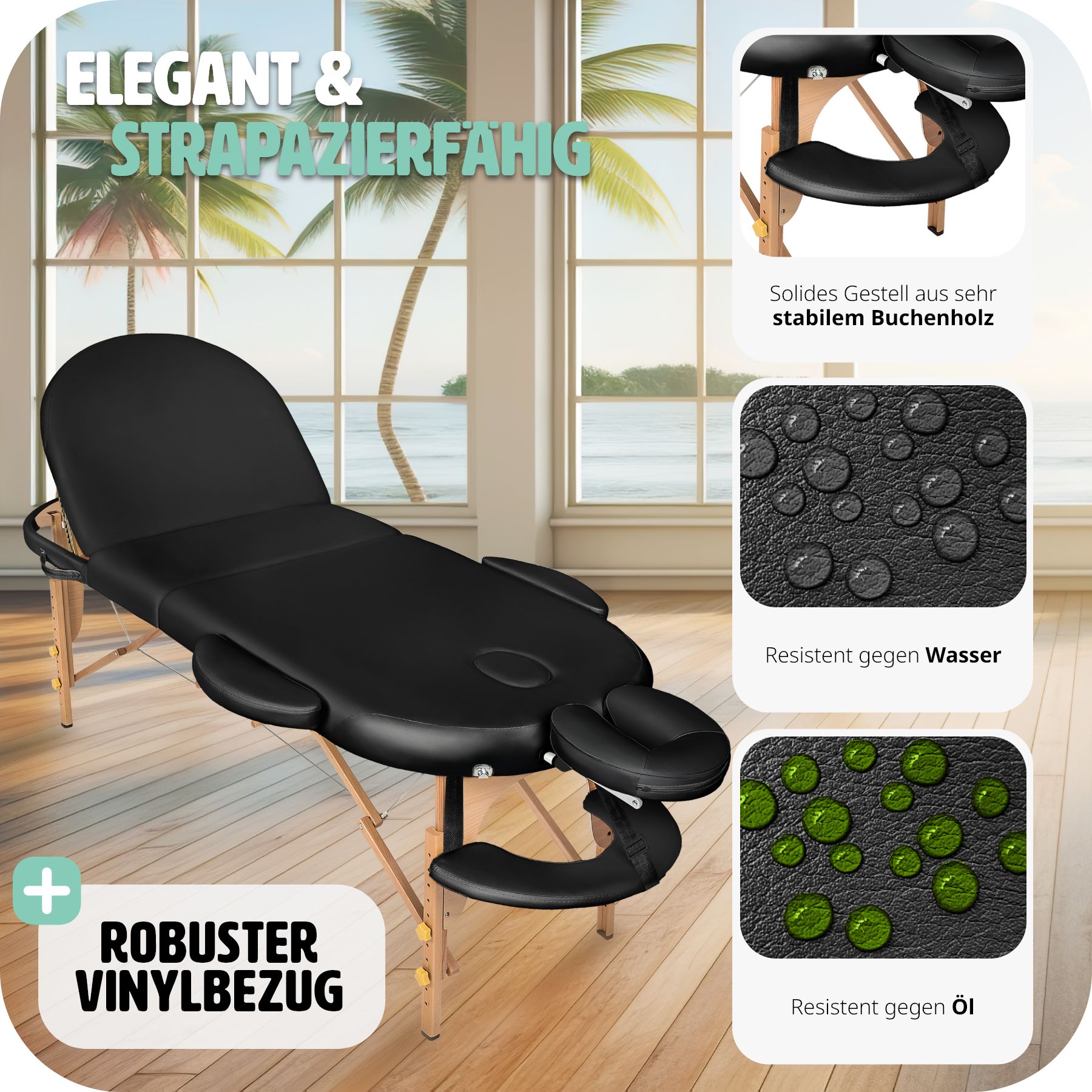 tectake® 3 Zonen Massageliege, oval, Polsterung 5 cm, mit Holzgestell, verstellbare Ablagen für Kopf und Arme, 230 x 104 x 62,5 - 85 cm