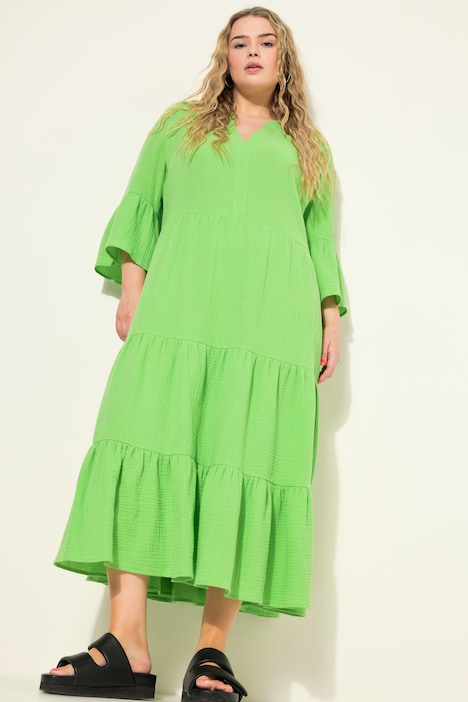 Maxikleid, A-Line, Musselin, Stehkragen, Volants, 3/4-Ärmel