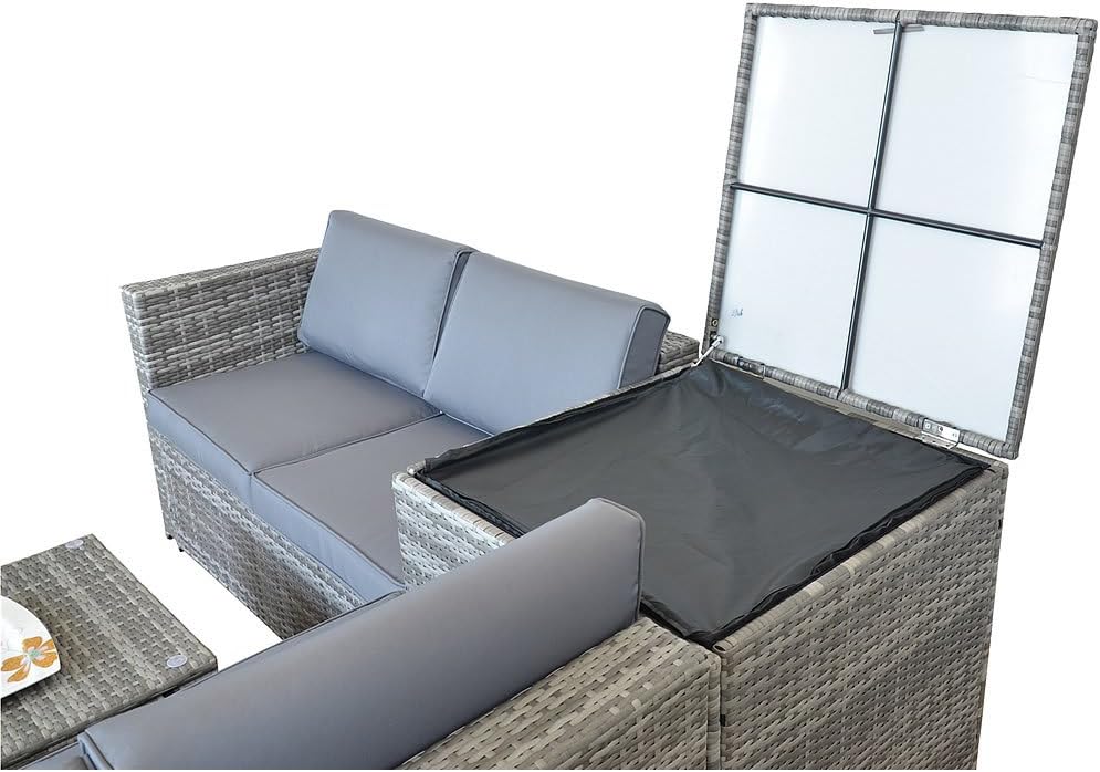 Mucola Polyrattan Lounge Set mit Kissenbox – Gartenlounge XXL, wetterfest & UV-beständig, inkl. Tisch mit ESG-Glasplatte, modulare Outdoor Sitzgruppe für Garten, Terrasse & Balkon, Grau