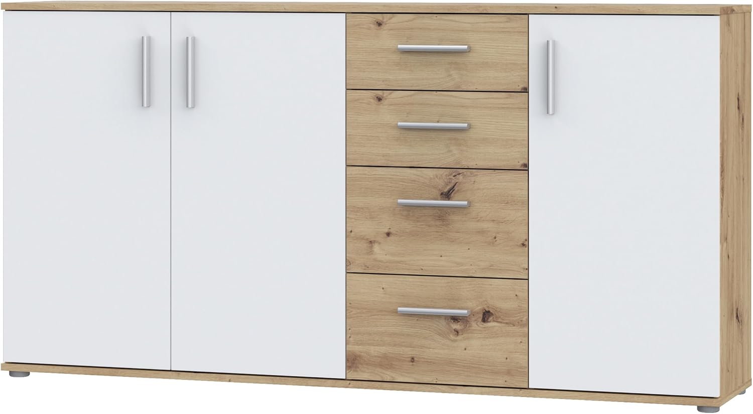 Forte IKOLI Kommode 160, Moderne Kommode, 3-türig, 4 Schubladen, Wohn-/Schlafzimmer, Flur, Holzwerkstoff, Weiß mit Artisan Eiche Holzdekor, 159,2 cm breit x 81,7 cm hoch x 31,4 cm tief
