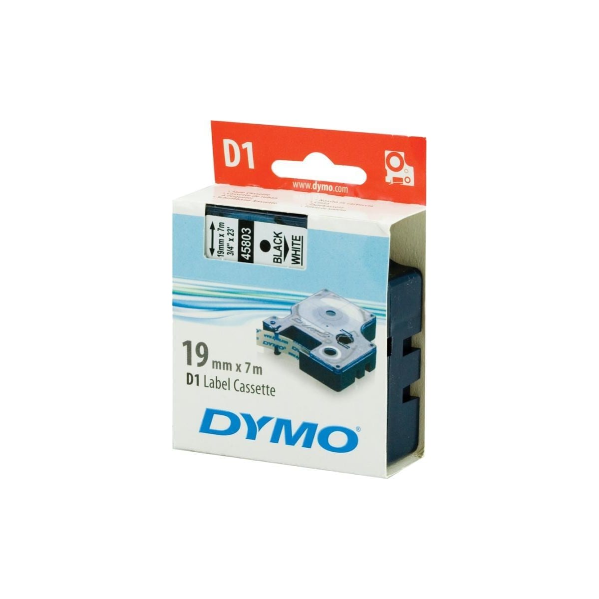 DYMO D1 märktejp standard 19mm, svart på vitt, 7m rulle