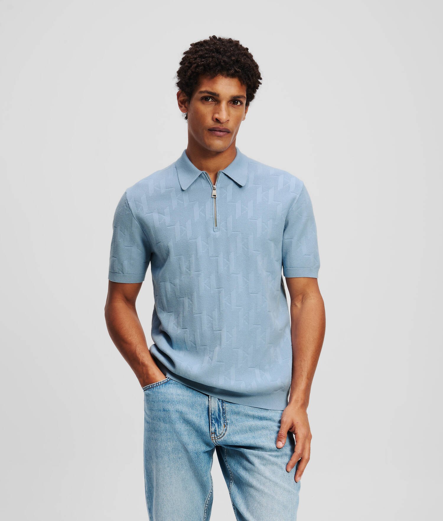 POLO ZIPPÉ KL MONOGRAM - Chambray doux